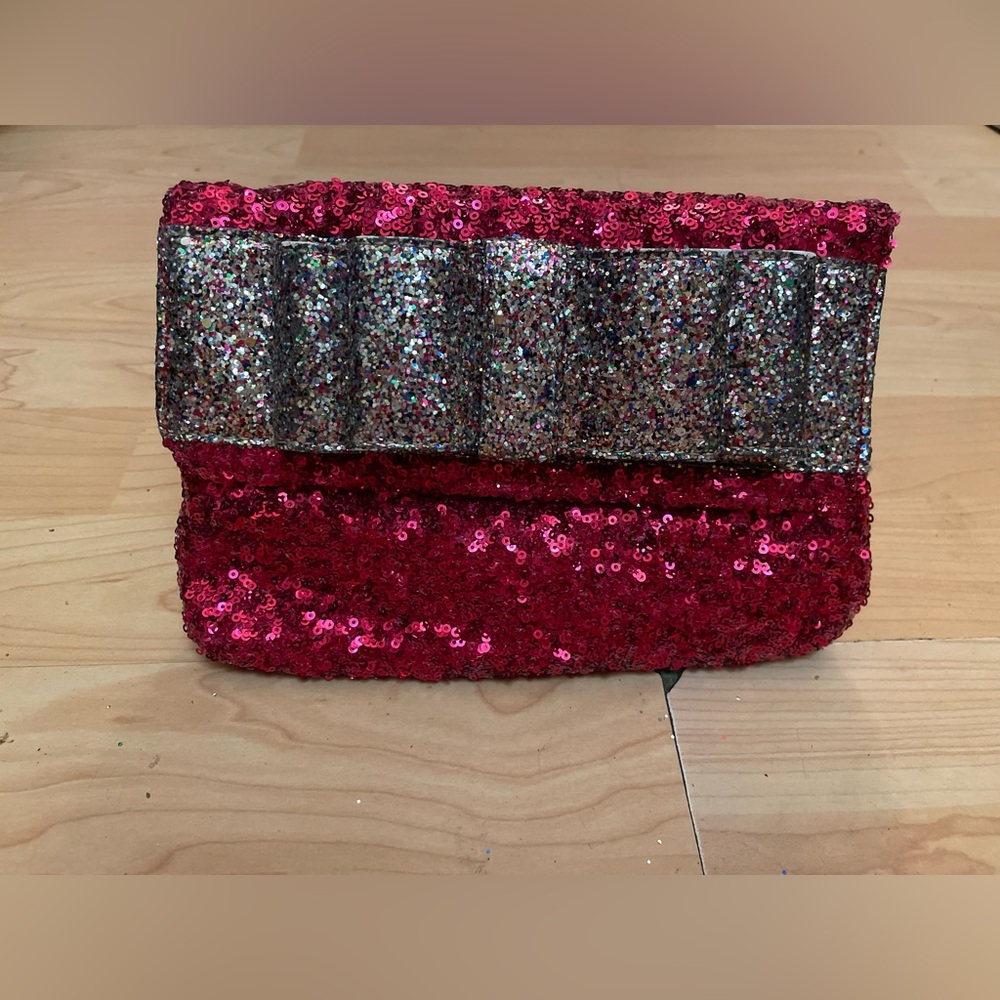 DEUX LUX Red & Silver Glitter Bow Clutch Purse Sequin With Mirror 9x6 “